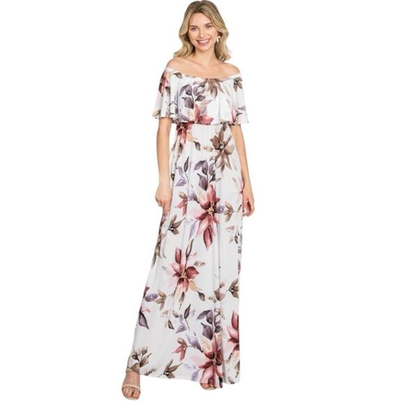 Pinkblush Ivory Floral Off Shoulder Maternity Maxi Dress size XL boho fairy - Picture 1 of 9
